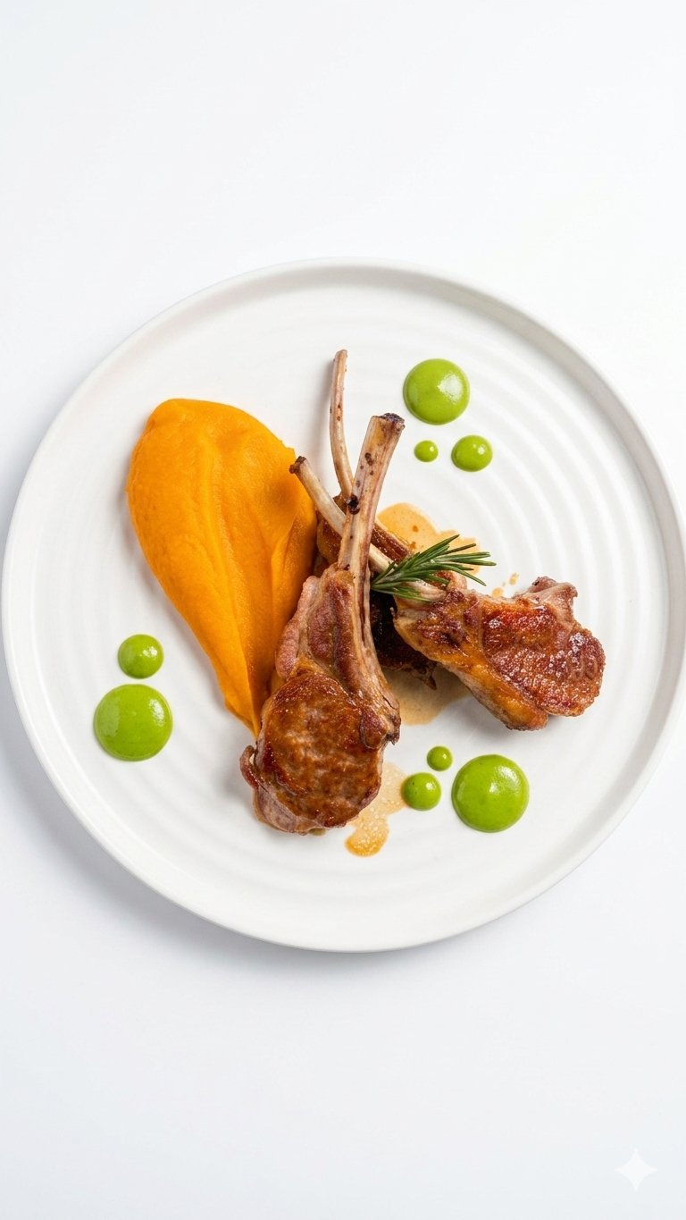 Carré d'agneau rôti, purée de potimarron et perles d'herbes, dressé à l'assiette par LYS - Traiteur
