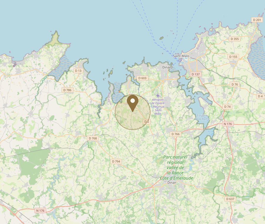 Carte de la zone d'intervention de LYS - Traiteur autour de Beaussais-sur-Mer : Dinard, Saint-Malo, Dinan et la Côte d'Émeraude