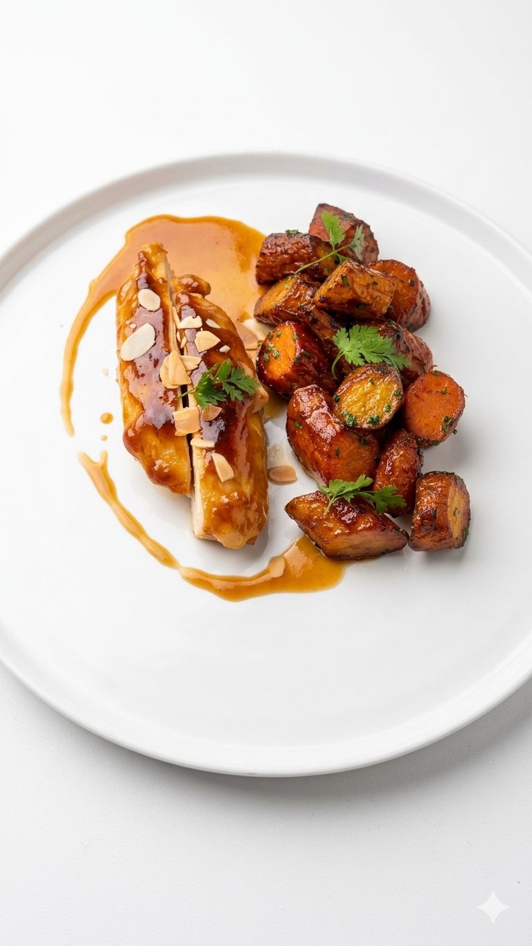 Suprême de volaille laqué, carottes glacées et amandes, LYS - Traiteur
